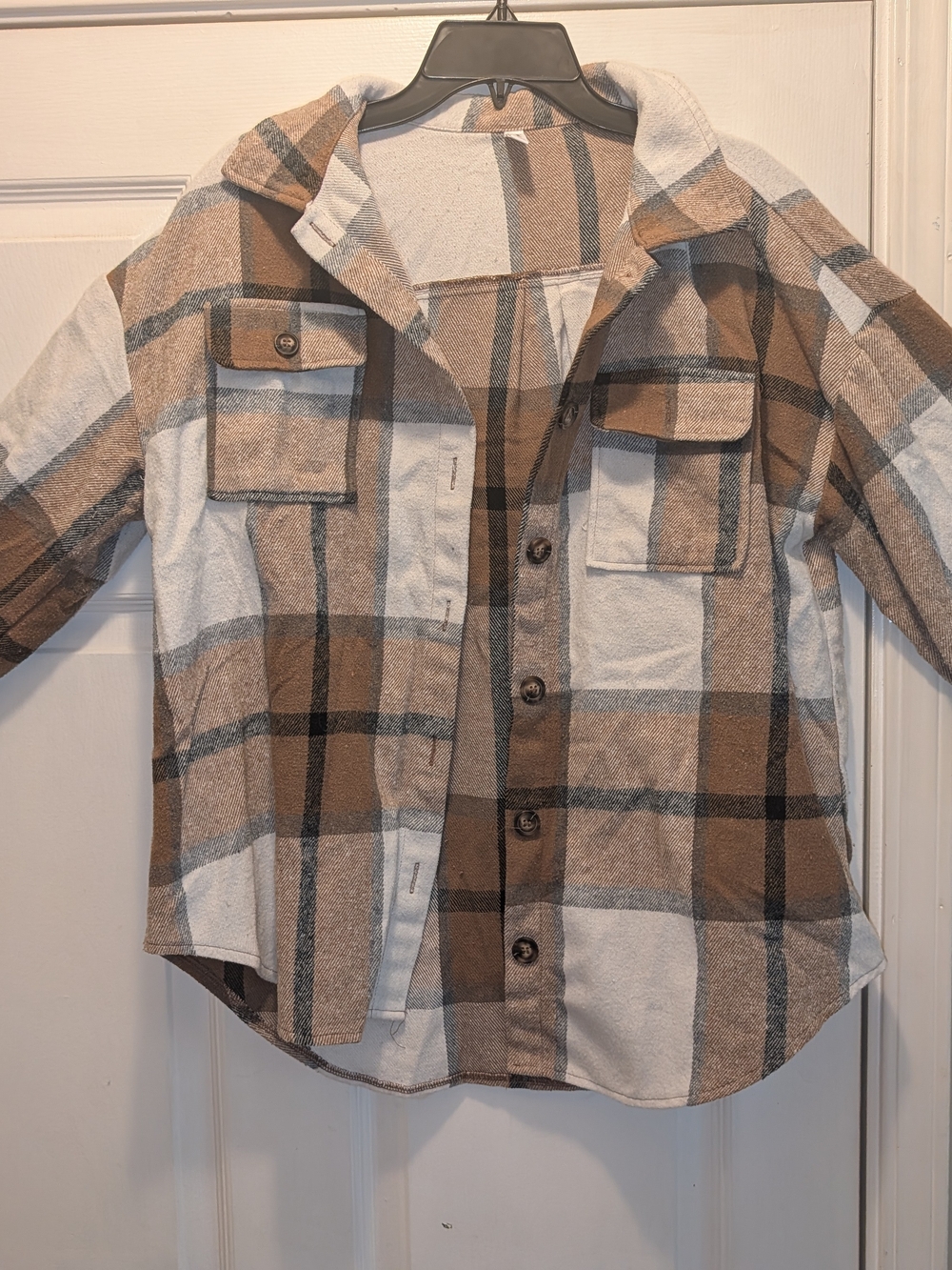 Kids Plaid Button-Up Shirt Jacket - Tan & White